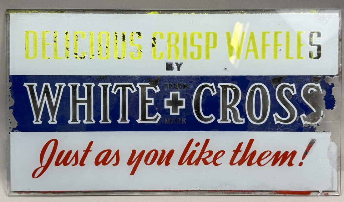 White Cross Crisp Waffles Reverse Painted Glass Sign: Great original white cross crisp waffles glass reverse painted sign. Measures 15" x 8.5" - flaking paint as shown, locked in but missing some.