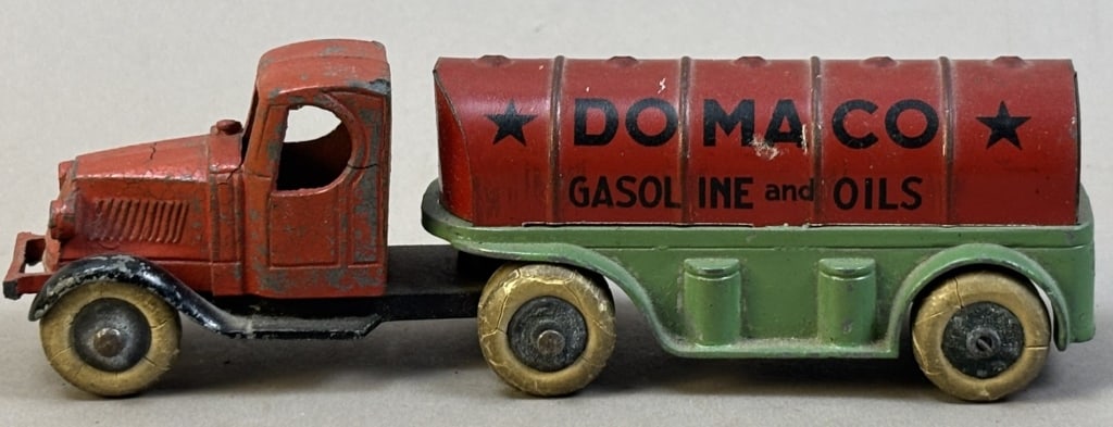 Domaco Gasoline Oils Tanker Tin Litho Tootsie Toy: Please make sure you view all photos and ask any questions you may have! Great original collectible item. This is day 1 of our 2 day one owner auction event. Thanks and have a great day! Holler & Hamm