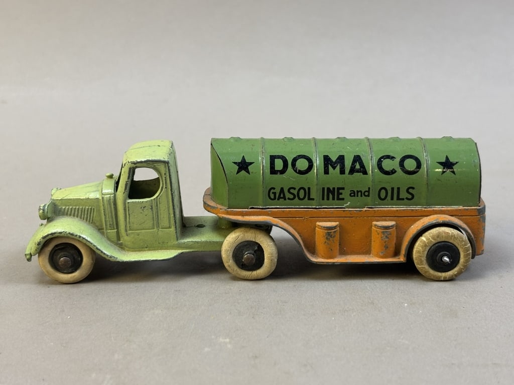 Domaco Gasoline & Oils Tootsie Toy Tanker Truck: Please make sure you view all photos and ask any questions you may have! Great original collectible item. This is day 1 of our 2 day one owner auction event. Thanks and have a great day! Holler & Hamm