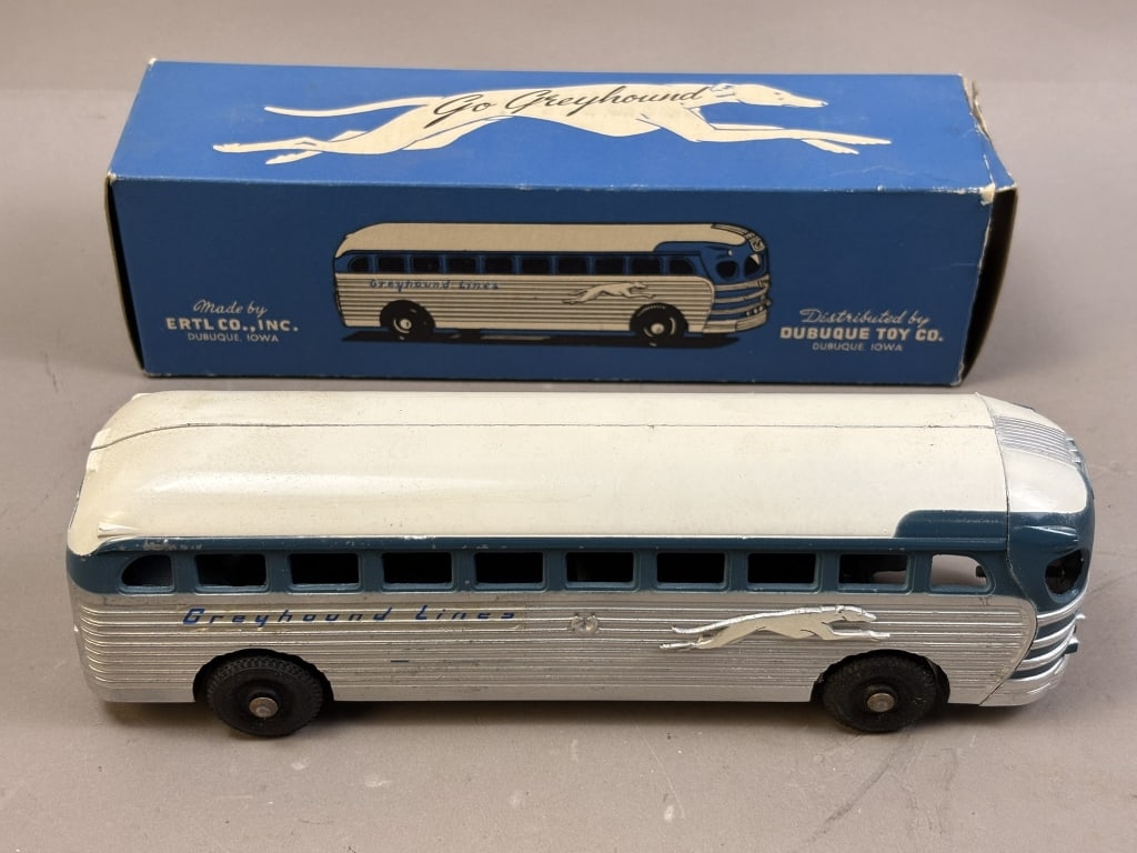 Rare 30s Ertl Dubuque Iowa Greyhound Bus NOS w Box: Please make sure you view all photos and ask any questions you may have! Great original collectible item. This is day 1 of our 2 day one owner auction event. Thanks and have a great day! Holler & Hamm