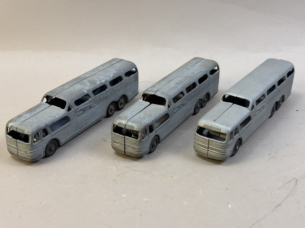 Lot 3 Greyhound Line Scenicruiser Metal Bus Buses: Please make sure you view all photos and ask any questions you may have! Great original collectible item. This is day 1 of our 2 day one owner auction event. Thanks and have a great day! Holler & Hamm