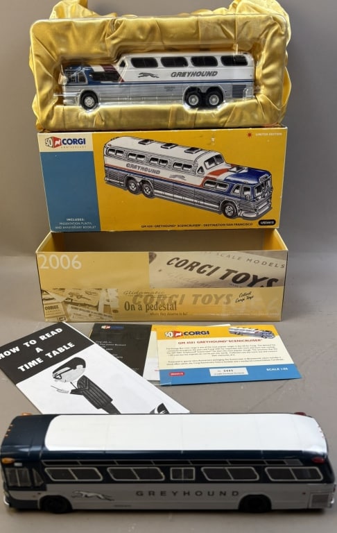 Pair Vintage Original NOS Corgi Greyhound Bus Box: Please make sure you view all photos and ask any questions you may have! Great original collectible item. This is day 1 of our 2 day one owner auction event. Thanks and have a great day! Holler & Hamm