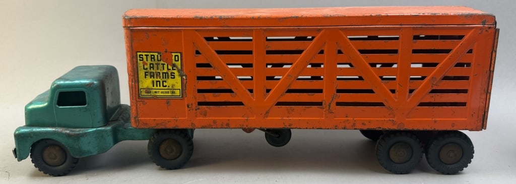 Old Structo Cattle Farms Livestock Hauler Truck Trailer: Please make sure you view all photos and ask any questions you may have! Great original collectible item. This is day 1 of our 2 day one owner auction event. Thanks and have a great day! Holler & Hamm