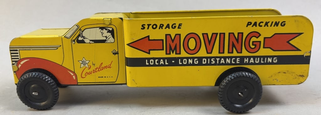 1950s Courtland Tin Litho Open Box Moving Truck: Please make sure you view all photos and ask any questions you may have! Great original collectible item. This is day 1 of our 2 day one owner auction event. Thanks and have a great day! Holler & Hamm