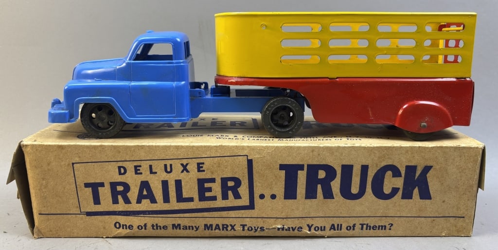 Marx Pressed Steel Stake Trailer Truck w/ Box NOS: Please make sure you view all photos and ask any questions you may have! Great original collectible item. This is day 1 of our 2 day one owner auction event. Thanks and have a great day! Holler & Hamm