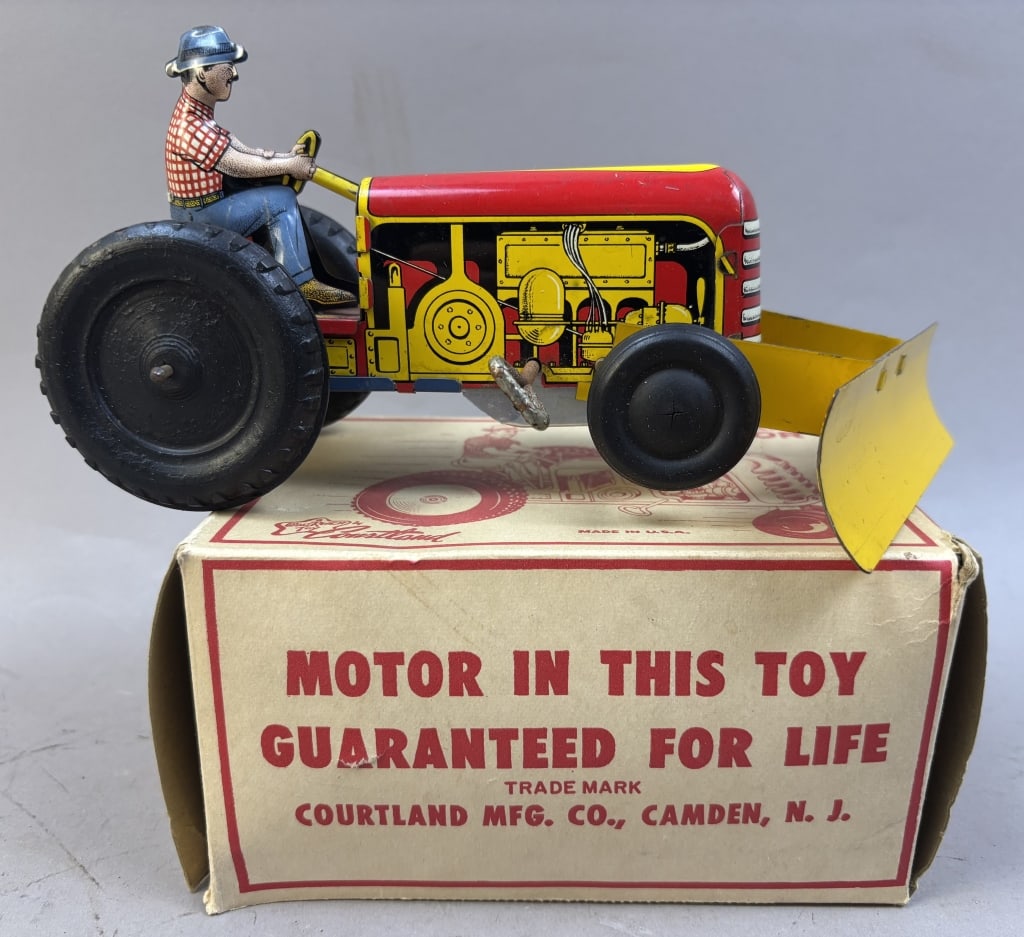 Courtland Mfg Tin Litho Mechanical Tractor w/ Box: Please make sure you view all photos and ask any questions you may have! Great original collectible item. This is day 1 of our 2 day one owner auction event. Thanks and have a great day! Holler & Hamm