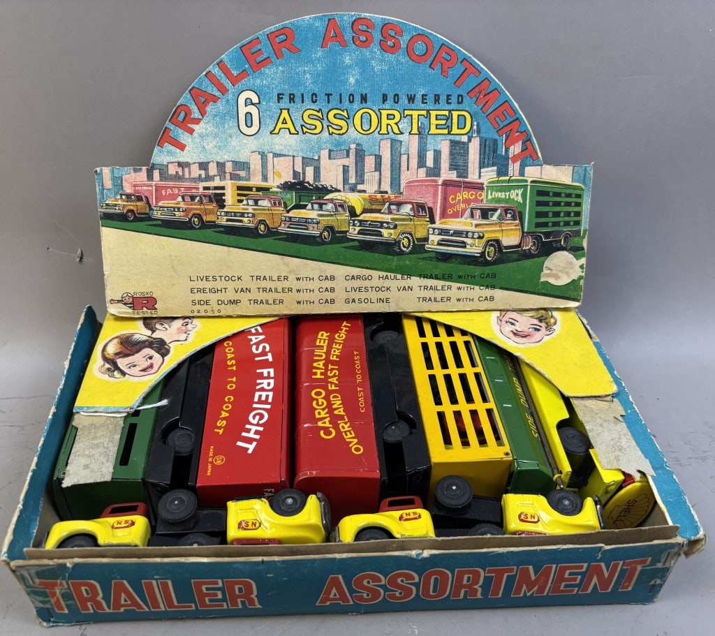 6 Assorted Pressed Steel Friction Powered Trucks: Please make sure you view all photos and ask any questions you may have! Great original collectible item. This is day 1 of our 2 day one owner auction event. Thanks and have a great day! Holler & Hamm