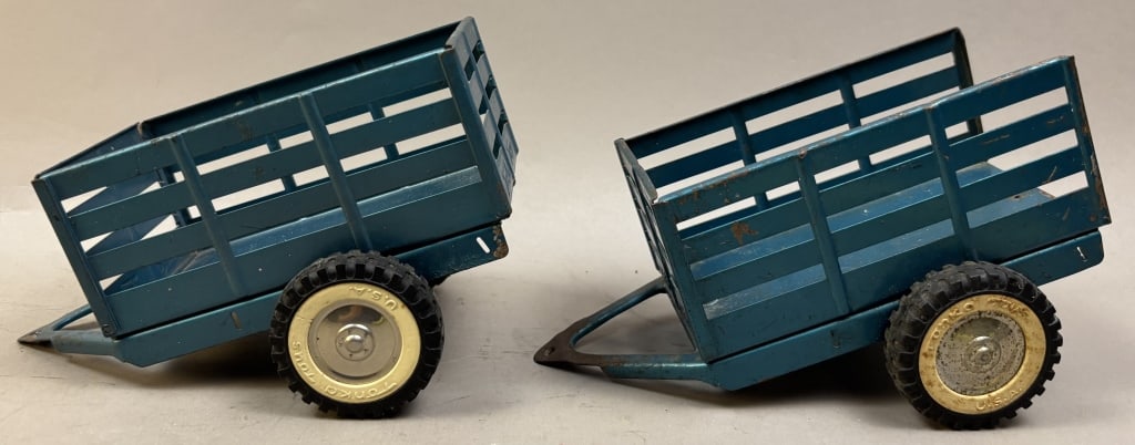 Pair Blue Steel Tonka Truck Stake Trailers: One of them is missing the rear gate! Please make sure you view all photos and ask any questions you may have! Great original collectible item. This is day 1 of our 2 day one owner auction event. Than