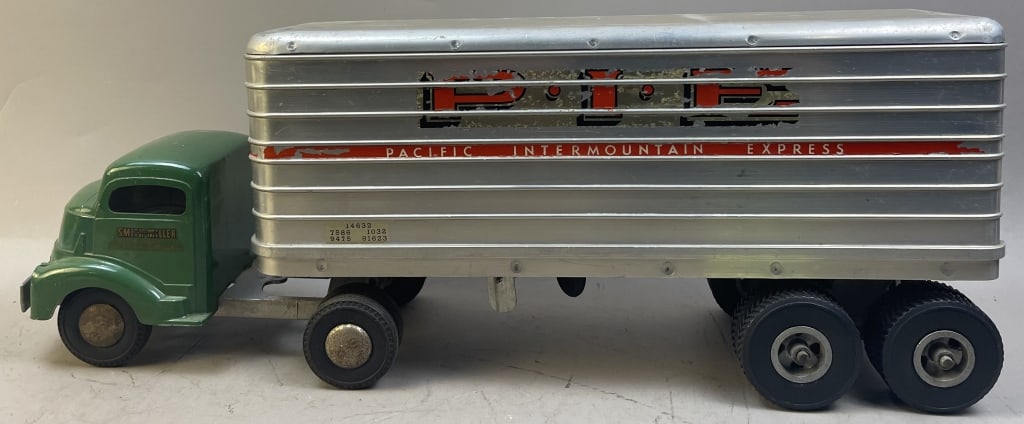 1950s Smith Miller P.I.E. Mack Semi Trailer: Please make sure you view all photos and ask any questions you may have! Great original collectible item. This is day 1 of our 2 day one owner auction event. Thanks and have a great day! Holler & Hamm