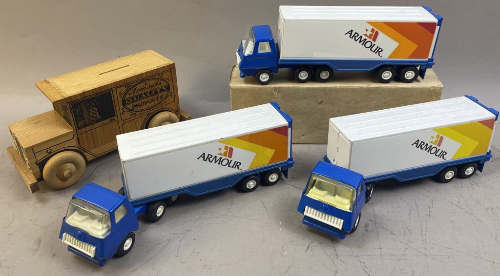 4 Armour Brand Metal & Wood Toy Trucks Bank: Please make sure you view all photos and ask any questions you may have! Great original collectible item. This is day 1 of our 2 day one owner auction event. Thanks and have a great day! Holler & Hamm