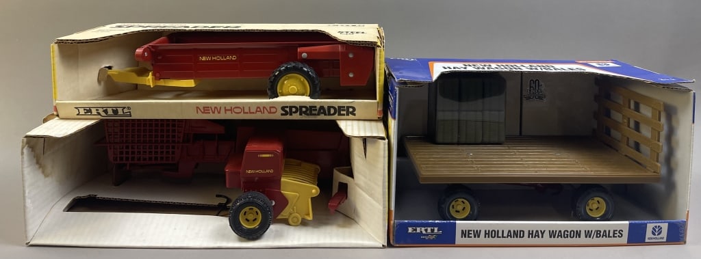 3 Ertl New Holland Farm Implements 1/16 Scale: Please make sure you view all photos and ask any questions you may have! Great original collectible item. This is day 1 of our 2 day one owner auction event. Thanks and have a great day! Holler &