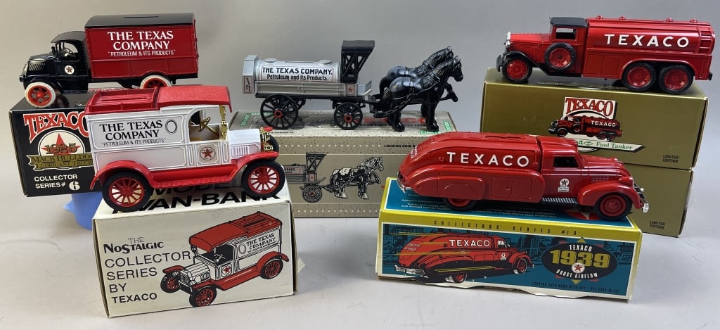 6 Texaco Cast Iron Collector Coin Banks NIB: Please make sure you view all photos and ask any questions you may have! Great original collectible item. This is day 1 of our 2 day one owner auction event. Thanks and have a great day! Holler & Hamm