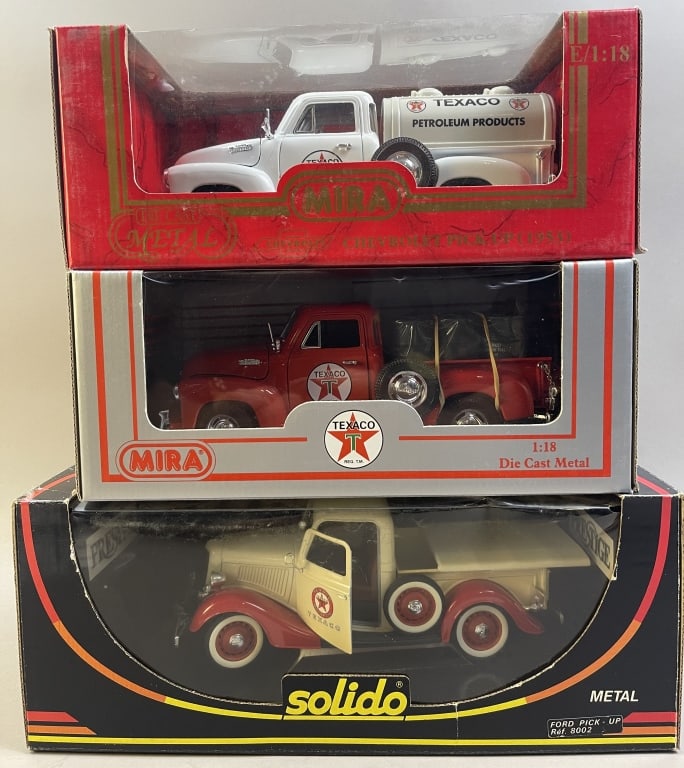 (3) Die Cast Metal Texaco Service Trucks 1:18 Scale: Please make sure you view all photos and ask any questions you may have! Great original collectible item. This is day 1 of our 2 day one owner auction event. Thanks and have a great day! Holler & Hamm