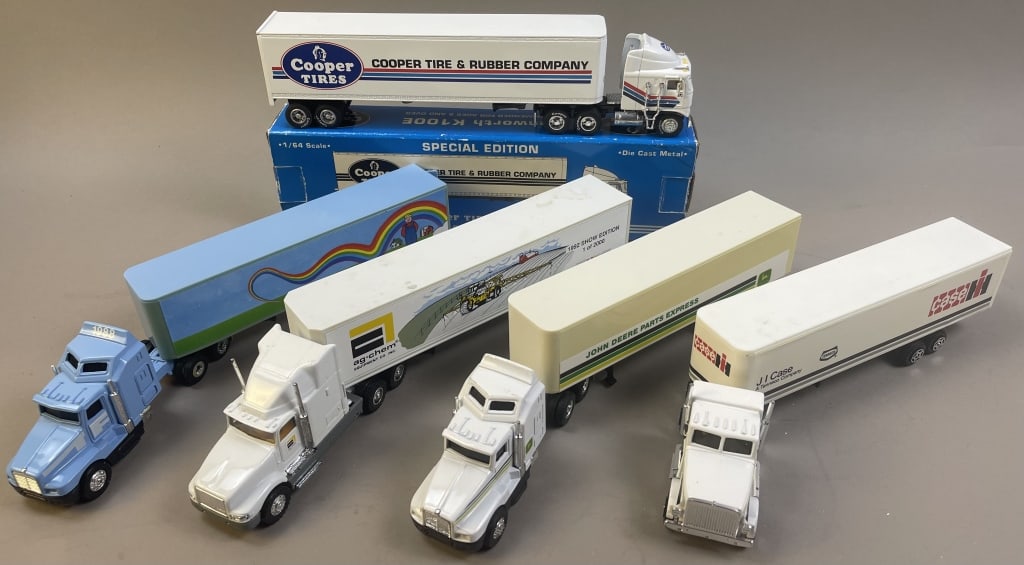 5 Die Cast Metal Semi Trucks Cooper Tires JD IH 1:64 scale: Please make sure you view all photos and ask any questions you may have! Great original collectible item. This is day 1 of our 2 day one owner auction event. Thanks and have a great day! Holler & Hamm