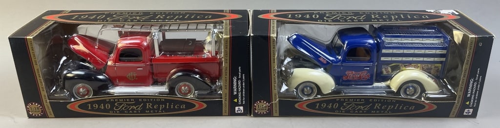 2 Premier Edition 1940 Ford Replica Trucks 1:18: Please make sure you view all photos and ask any questions you may have! Great original collectible item. This is day 1 of our 2 day one owner auction event. Thanks and have a great day! Holler & Hamm