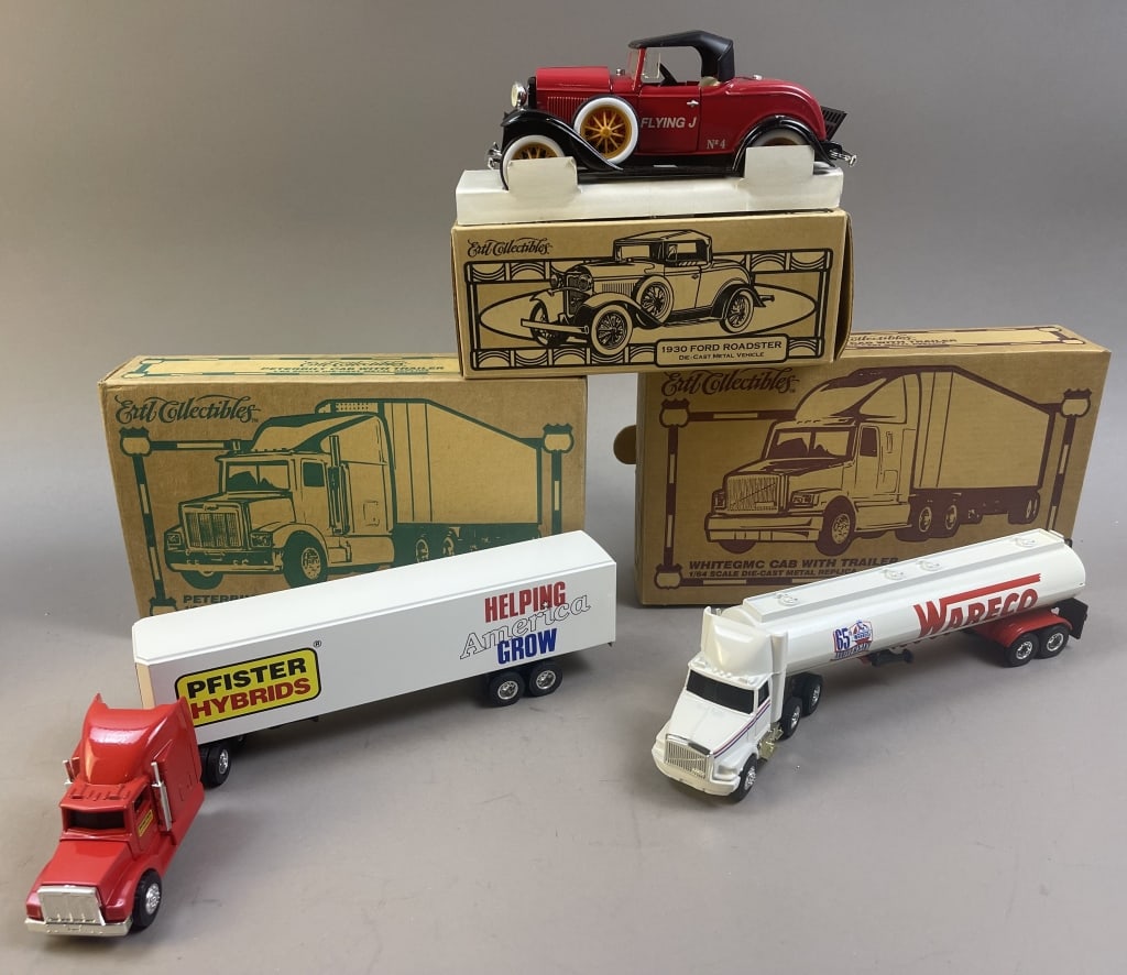 3 Ertl Die Cast Semi Truck & Ford Roadster Models: Please make sure you view all photos and ask any questions you may have! Great original collectible item. This is day 1 of our 2 day one owner auction event. Thanks and have a great day! Holler & Hamm