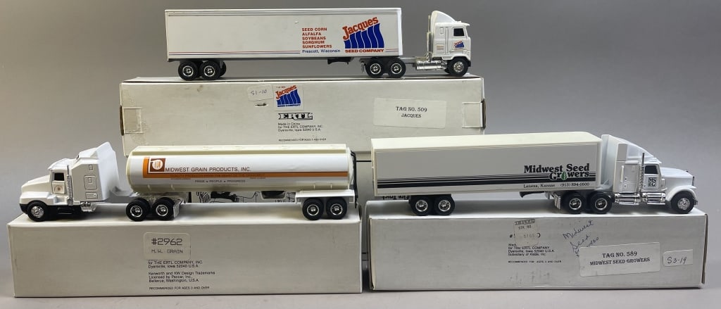 3 Ertl Die-Cast Semi & Tanker Truck Models 1/34: Please make sure you view all photos and ask any questions you may have! Great original collectible item. This is day 1 of our 2 day one owner auction event. Thanks and have a great day! Holler & Hamm