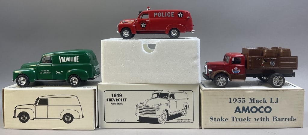 Valvoline & Police Panel & Mack Stake Bed Trucks: Please make sure you view all photos and ask any questions you may have! Great original collectible item. This is day 1 of our 2 day one owner auction event. Thanks and have a great day! Holler & Hamm