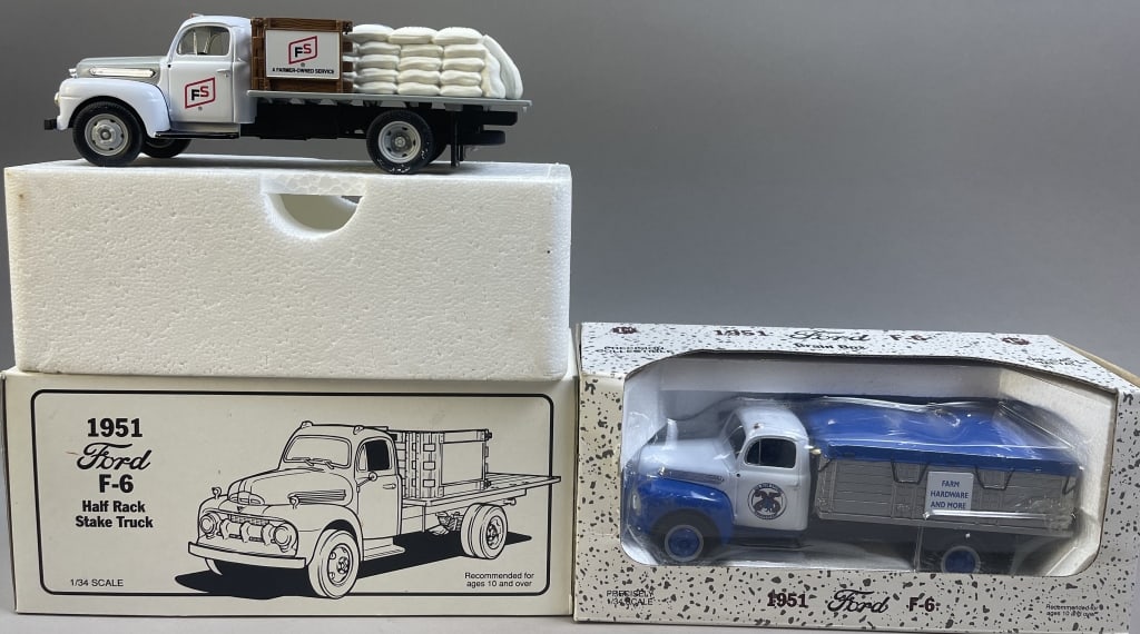 First Gear Ford Stake Truck & Grain Box Models: Please make sure you view all photos and ask any questions you may have! Great original collectible item. This is day 1 of our 2 day one owner auction event. Thanks and have a great day! Holler & Hamm