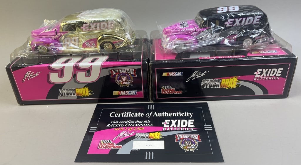 NASCAR StockRods Exide Batteries Die-Cast Set COA: Please make sure you view all photos and ask any questions you may have! Great original collectible item. This is day 1 of our 2 day one owner auction event. Thanks and have a great day! Holler & Hamm