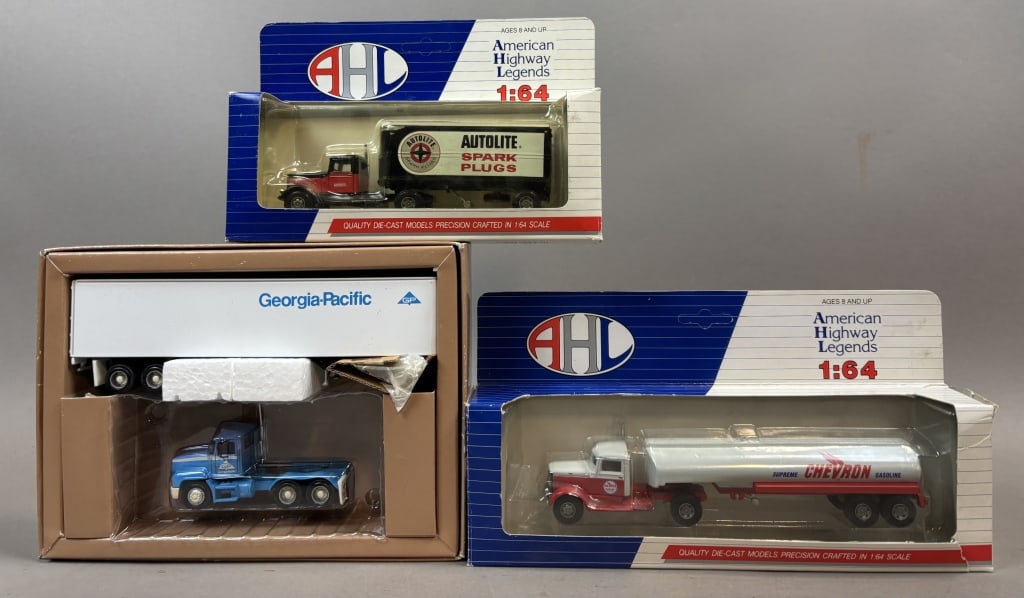 3 Chevron Autolite Georgia-Pacific Truck Toys: Please make sure you view all photos and ask any questions you may have! Great original collectible item. This is day 1 of our 2 day one owner auction event. Thanks and have a great day! Holler & Hamm