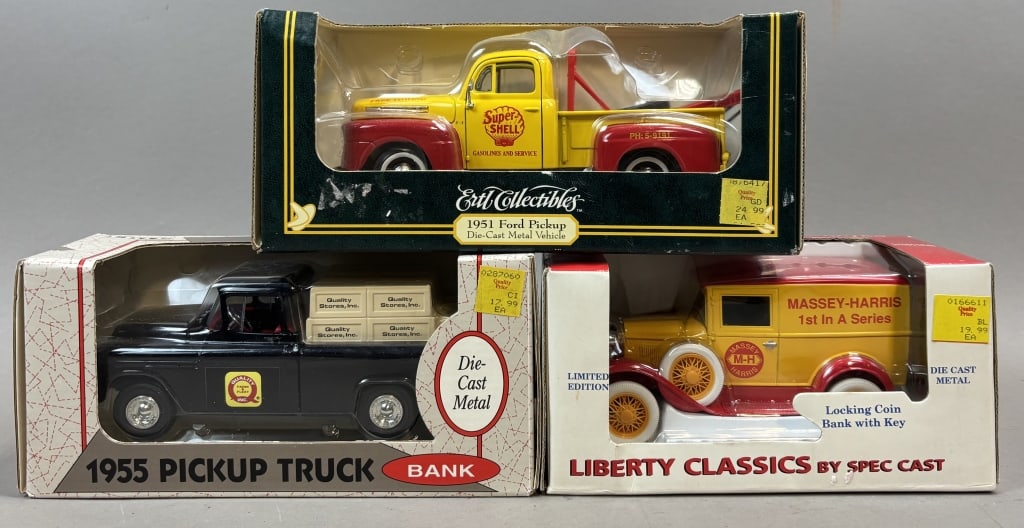 3 Die Cast Metal Pickup Trucks: Please make sure you view all photos and ask any questions you may have! Great original collectible item. This is day 1 of our 2 day one owner auction event. Thanks and have a great day! Holler & Hamm