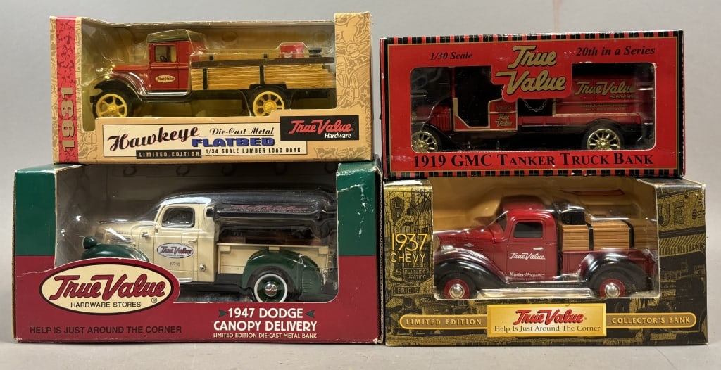 Lot of 4 True Value Die Cast Metal Trucks: Please make sure you view all photos and ask any questions you may have! Great original collectible item. This is day 1 of our 2 day one owner auction event. Thanks and have a great day! Holler & Hamm