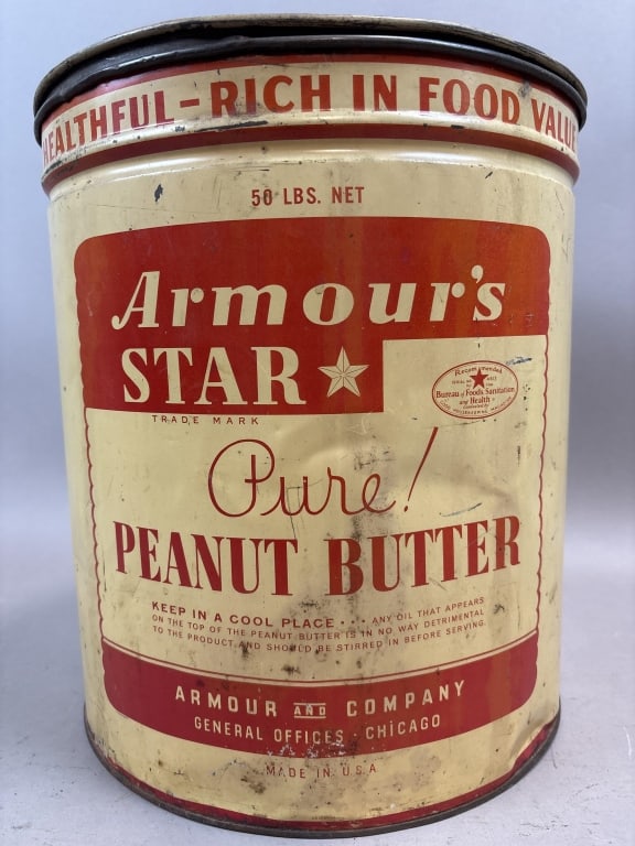 Armour's Star 50 LB Peanut Butter Store Can: Please make sure you view all photos and ask any questions you may have! Great original collectible item. This is day 1 of our 2 day one owner auction event. Thanks and have a great day! Holler & Hamm