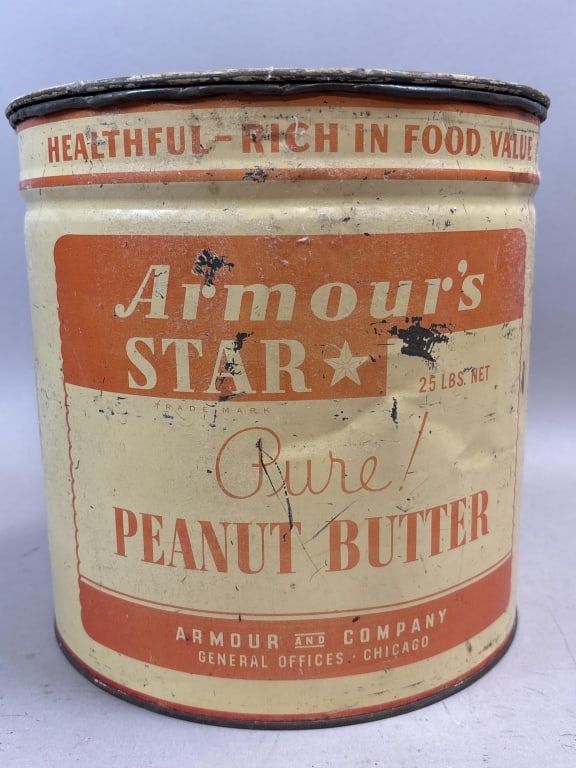 Armour's Star 25 LB Peanut Butter Store Tin: Please make sure you view all photos and ask any questions you may have! Great original collectible item. This is day 1 of our 2 day one owner auction event. Thanks and have a great day! Holler & Hamm