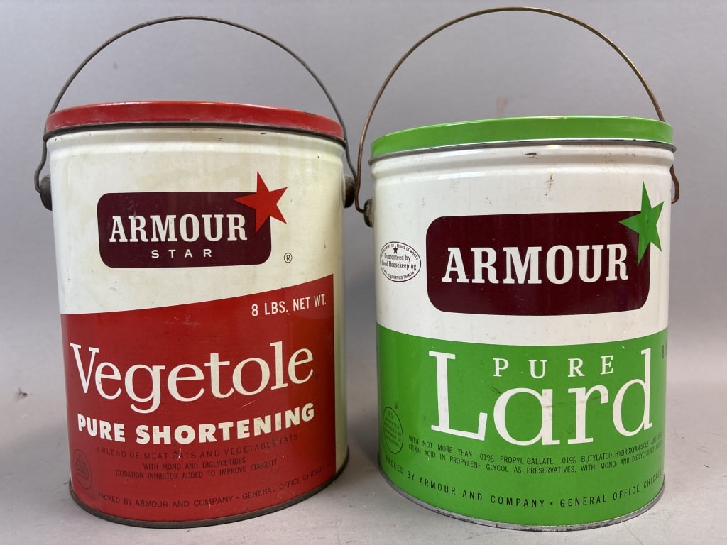Pair Armour Star 8 lb Shortening & Lard Tin: Please make sure you view all photos and ask any questions you may have! Great original collectible item. This is day 1 of our 2 day one owner auction event. Thanks and have a great day! Holler & Hamm