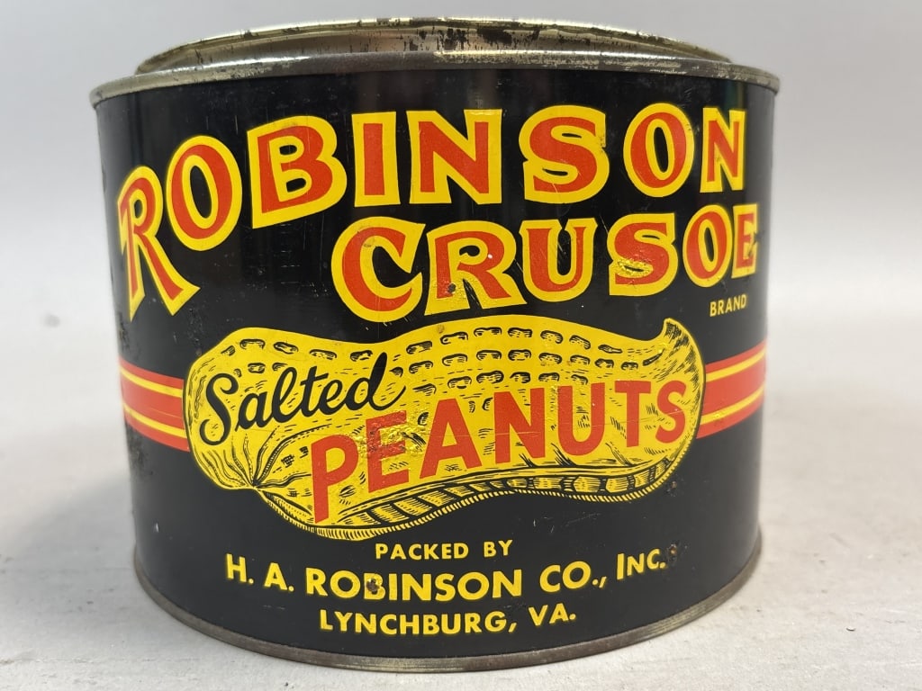 Robinson Crusoe 3 lb Salted Peanut Tin: Please make sure you view all photos and ask any questions you may have! Great original collectible item. This is day 1 of our 2 day one owner auction event. Thanks and have a great day! Holler & Hamm