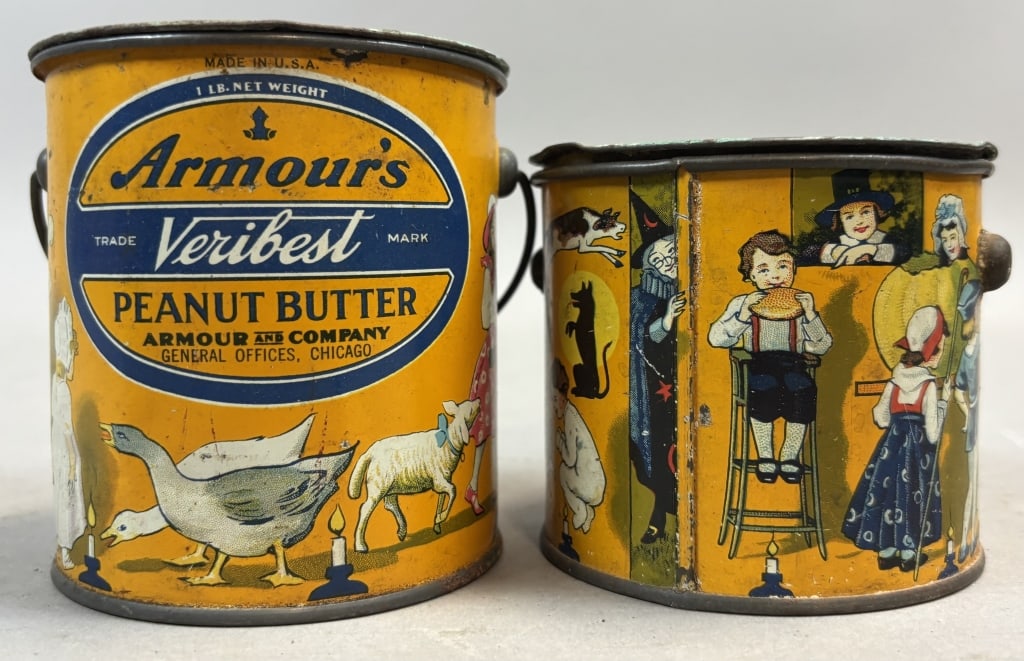 Pair Armour's 1 lb & 12oz Veribest Peanut Butter: Please make sure you view all photos and ask any questions you may have! Great original collectible item. This is day 1 of our 2 day one owner auction event. Thanks and have a great day! Holler & Hamm