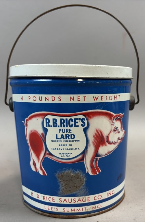 RB Rice 4 lb Pure Lard Lee's Summit Missouri: Please make sure you view all photos and ask any questions you may have! Great original collectible item. This is day 1 of our 2 day one owner auction event. Thanks and have a great day! Holler & Hamm