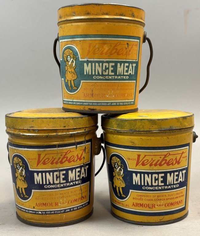 Veribest 1 1/2lbs Mince Meat Armour & Co Tin: Please make sure you view all photos and ask any questions you may have! Great original collectible item. This is day 1 of our 2 day one owner auction event. Thanks and have a great day! Holler & Hamm