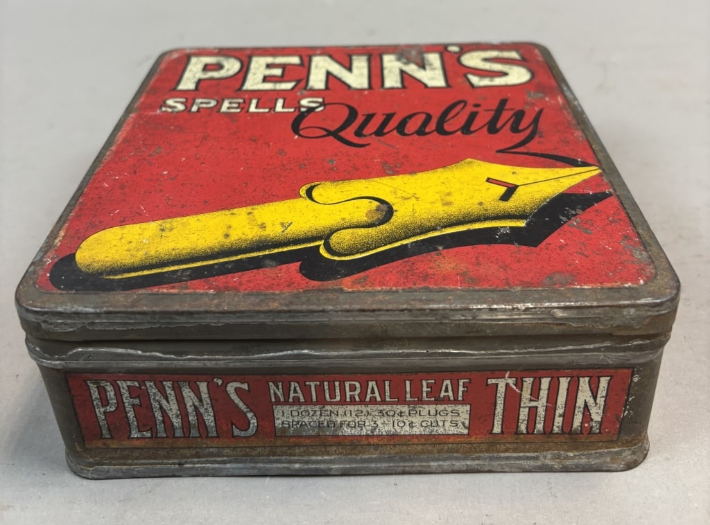 Penn's Spells Qualify 1920s Tobacco Tin: Please make sure you view all photos and ask any questions you may have! Great original collectible item. This is day 1 of our 2 day one owner auction event. Thanks and have a great day! Holler & Hamm