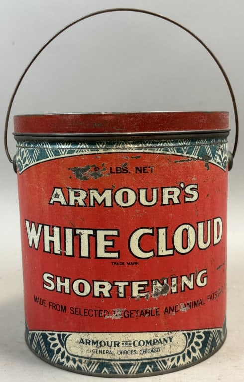 Armour's 8lb White Cloud Shortening Bucket Tin: Please make sure you view all photos and ask any questions you may have! Great original collectible item. This is day 1 of our 2 day one owner auction event. Thanks and have a great day! Holler & Hamm