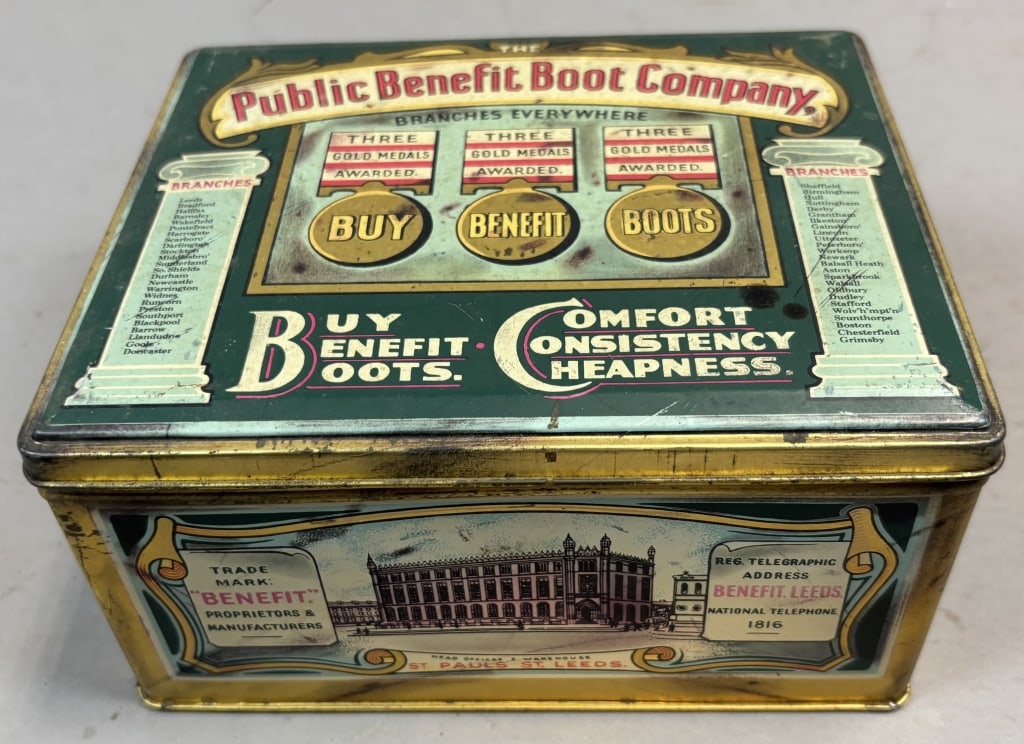 Public Benefit Boot Company Tin Made in England: Please make sure you view all photos and ask any questions you may have! Great original collectible item. This is day 1 of our 2 day one owner auction event. Thanks and have a great day! Holler &