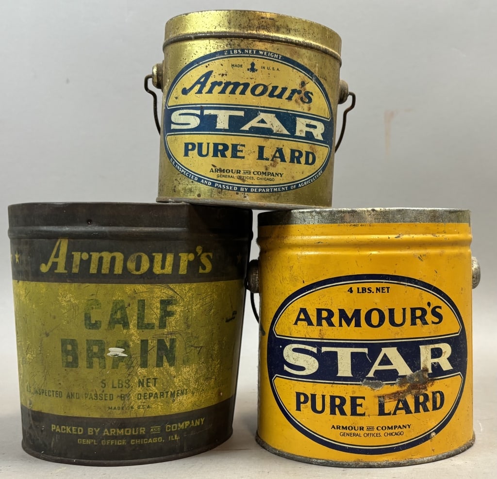 Lot of 3 Armour's 2, 4, 5lb Lard & Calf Brain Tins: Please make sure you view all photos and ask any questions you may have! Great original collectible item. This is day 1 of our 2 day one owner auction event. Thanks and have a great day! Holler & Hamm
