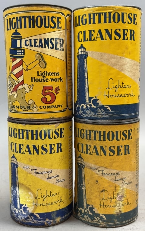 Lot of 4 Lighthouse Cleanser 14oz Full Cans: Please make sure you view all photos and ask any questions you may have! Great original collectible item. This is day 1 of our 2 day one owner auction event. Thanks and have a great day! Holler & Hamm