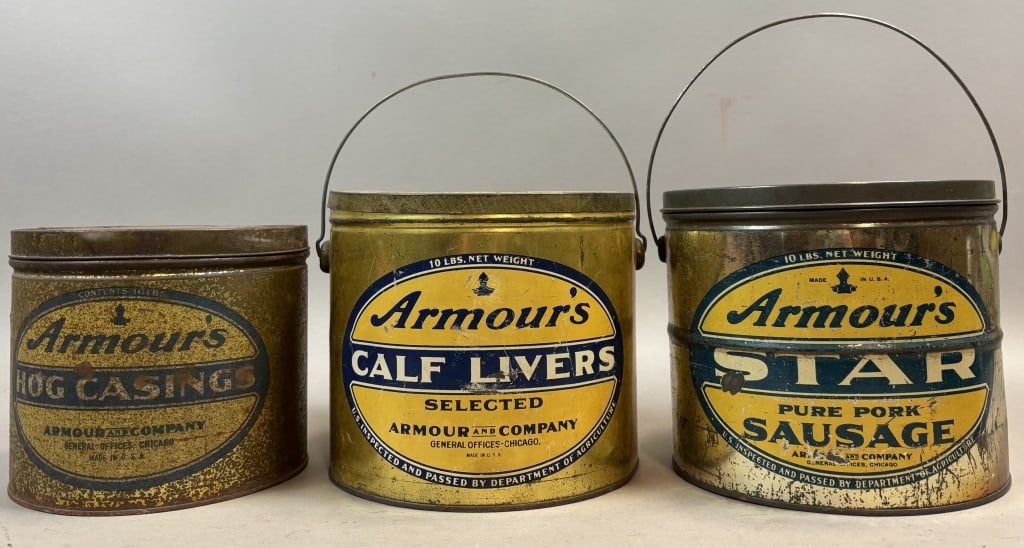 Lot of 3 Armour's 10lb Tin Buckets w/ Handles: Please make sure you view all photos and ask any questions you may have! Great original collectible item. This is day 1 of our 2 day one owner auction event. Thanks and have a great day! Holler & Hamm