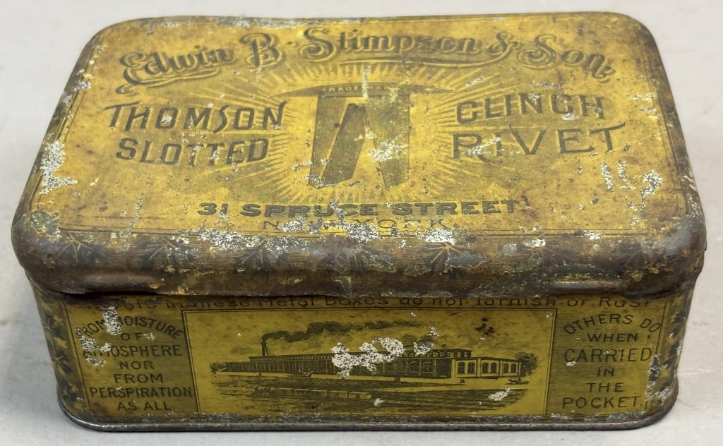 Edwin B Stimpson & Son Clinch Rivet Tin: Please make sure you view all photos and ask any questions you may have! Great original collectible item. This is day 1 of our 2 day one owner auction event. Thanks and have a great day! Holler & Hamm