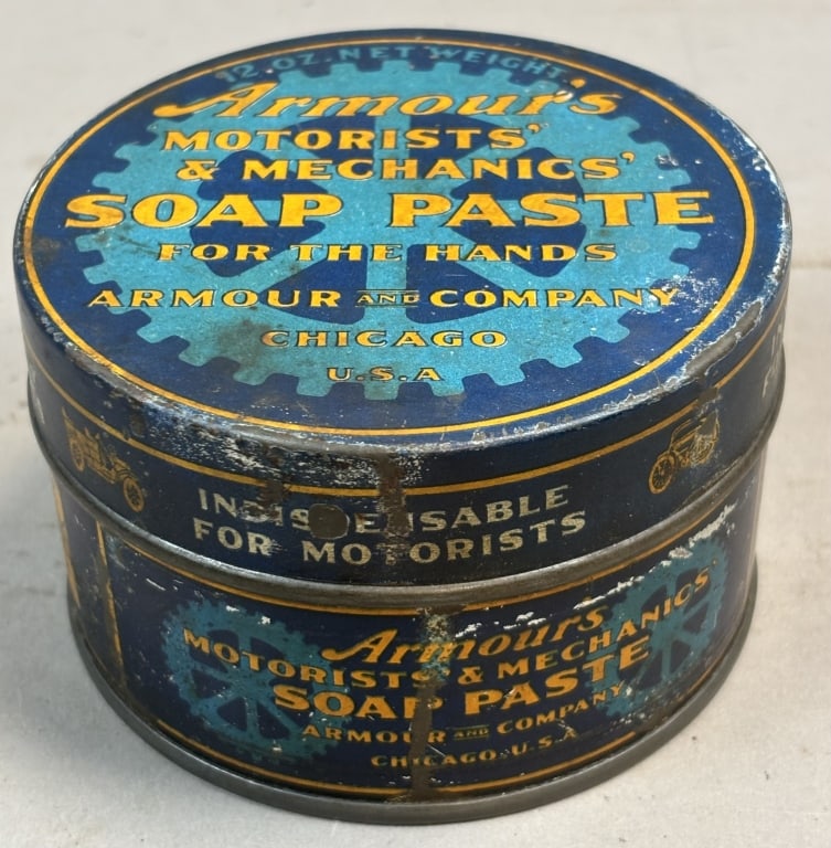 Armour's Motorists' & Mechanics' Soap Paste Tin: Please make sure you view all photos and ask any questions you may have! Great original collectible item. This is day 1 of our 2 day one owner auction event. Thanks and have a great day! Holler & Hamm
