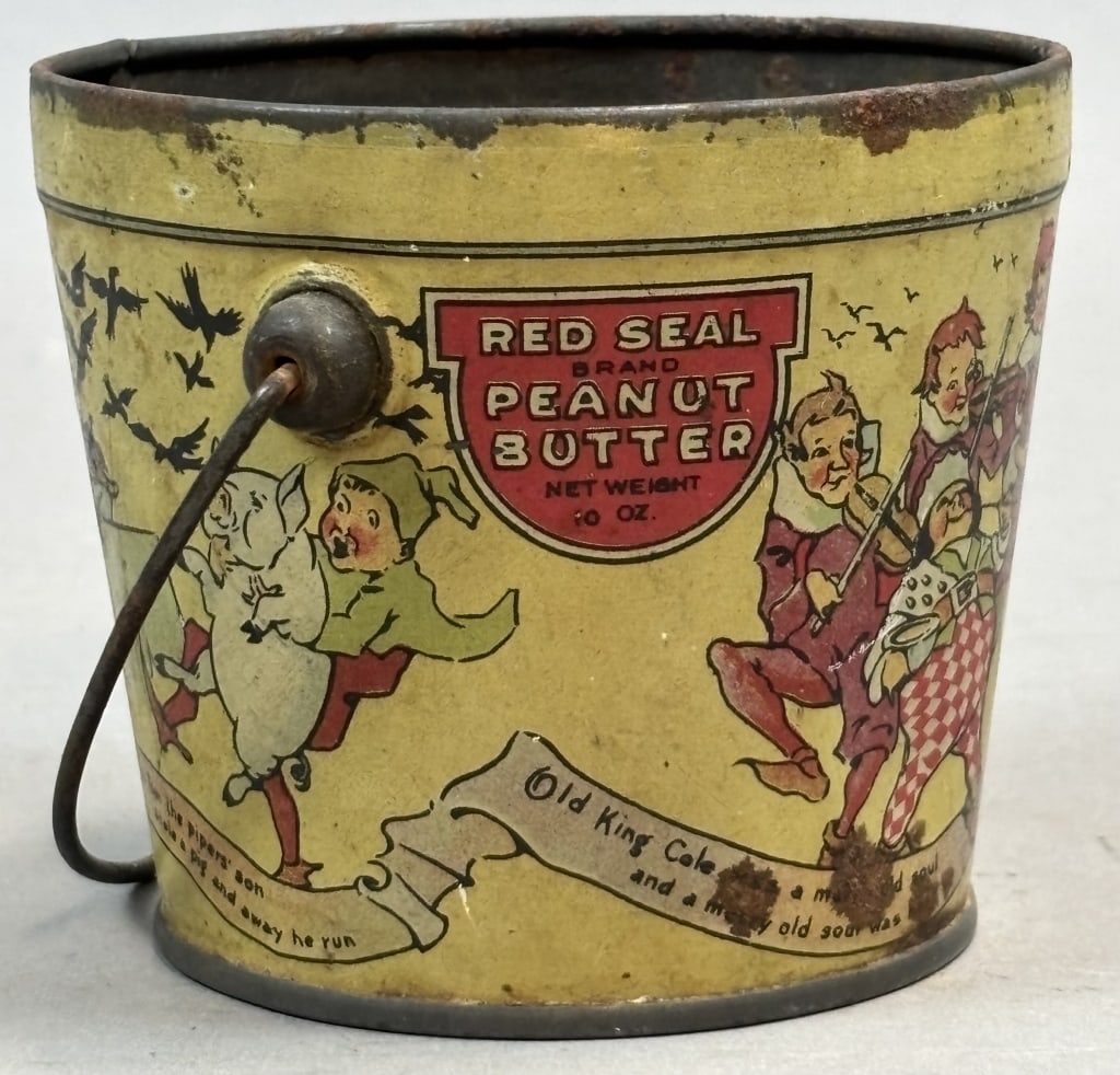 Red Seal 10oz Peanut Butter Tin Bucket with Handle: Please make sure you view all photos and ask any questions you may have! Great original collectible item. This is day 1 of our 2 day one owner auction event. Thanks and have a great day! Holler & Hamm