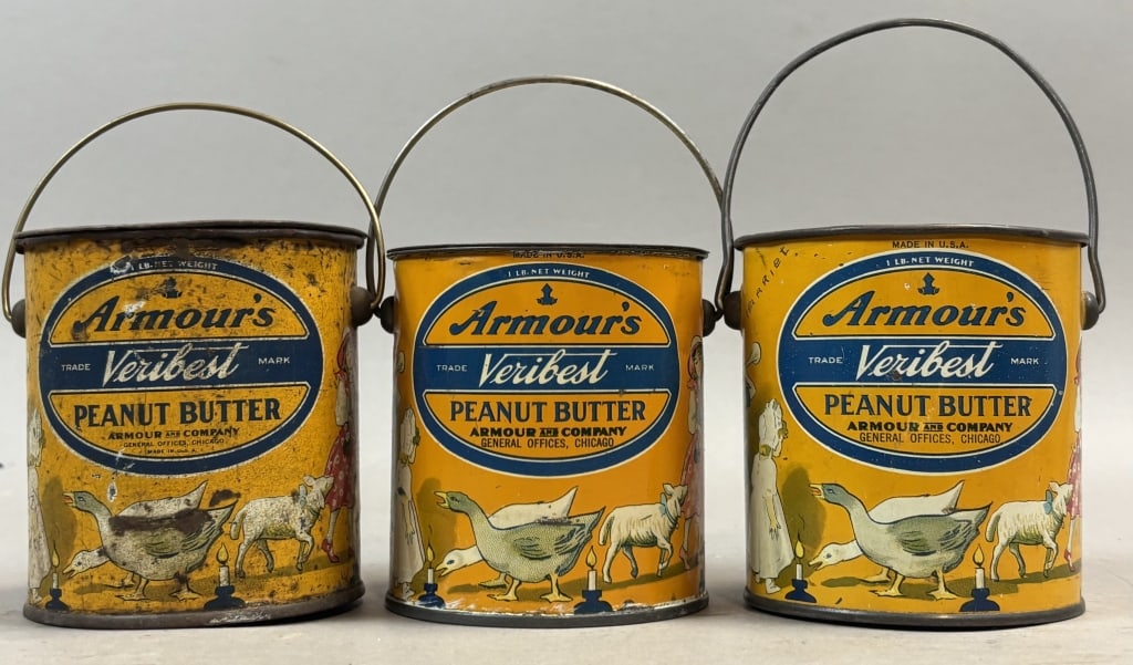 Lot of 3 Armour's 1lb Peanut Butter Bucket Tins: Please make sure you view all photos and ask any questions you may have! Great original collectible item. This is day 1 of our 2 day one owner auction event. Thanks and have a great day! Holler & Hamm