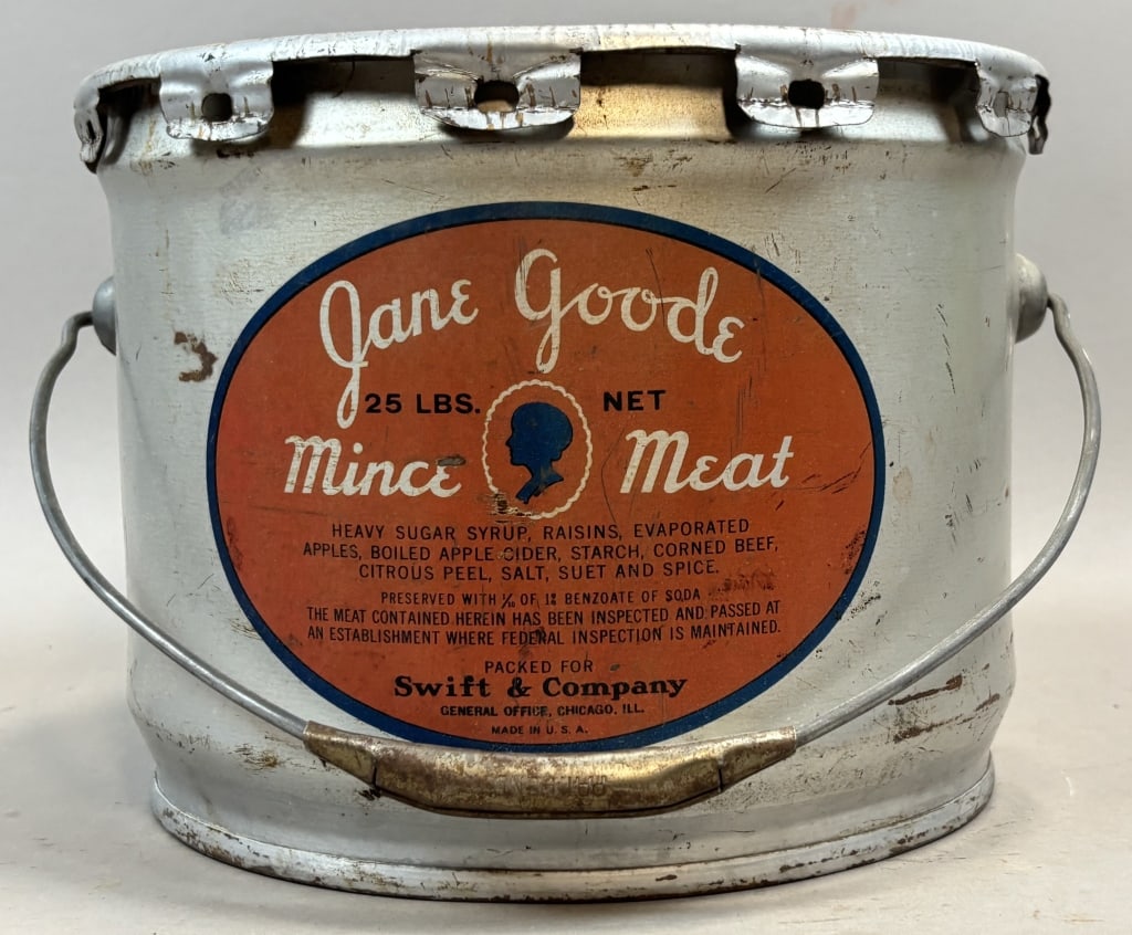 Jane Goode 25lb Mince Meat Tin Bucket w/ Handle: Please make sure you view all photos and ask any questions you may have! Great original collectible item. This is day 1 of our 2 day one owner auction event. Thanks and have a great day! Holler &