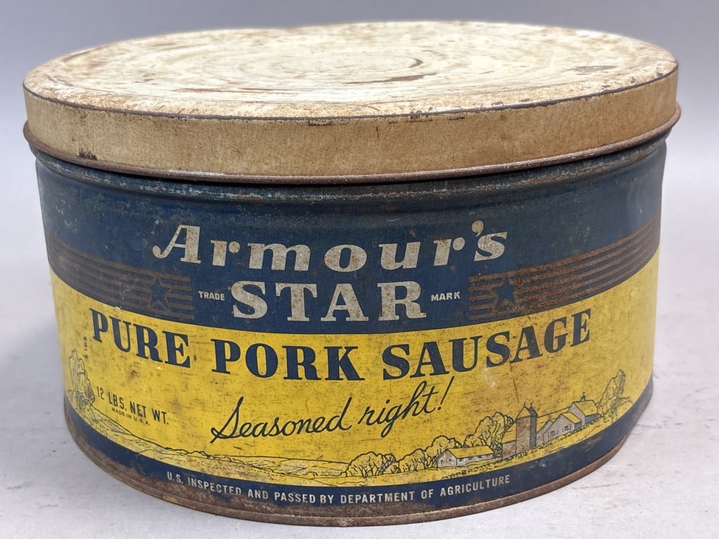 Armour's Star 12lb Pork Sausage Tin: Please make sure you view all photos and ask any questions you may have! Great original collectible item. This is day 1 of our 2 day one owner auction event. Thanks and have a great day! Holler & Hamm