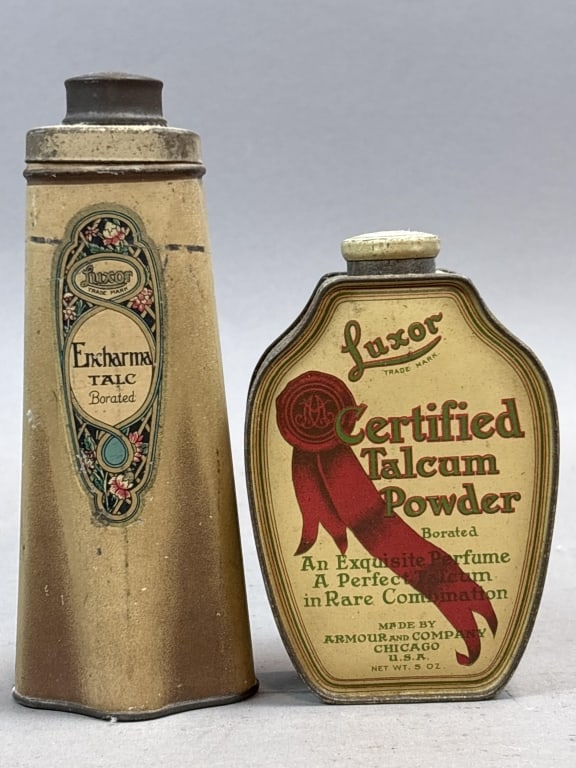 Pair Luxor Talcum Powder Full: Please make sure you view all photos and ask any questions you may have! Great original collectible item. This is day 1 of our 2 day one owner auction event. Thanks and have a great day! Holler & Hamm