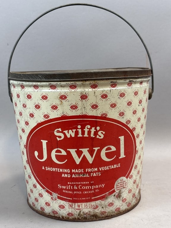 Swift's Jewel 16lb Shortening Tin Bucket w/ Handle: Please make sure you view all photos and ask any questions you may have! Great original collectible item. This is day 1 of our 2 day one owner auction event. Thanks and have a great day! Holler & Hamm