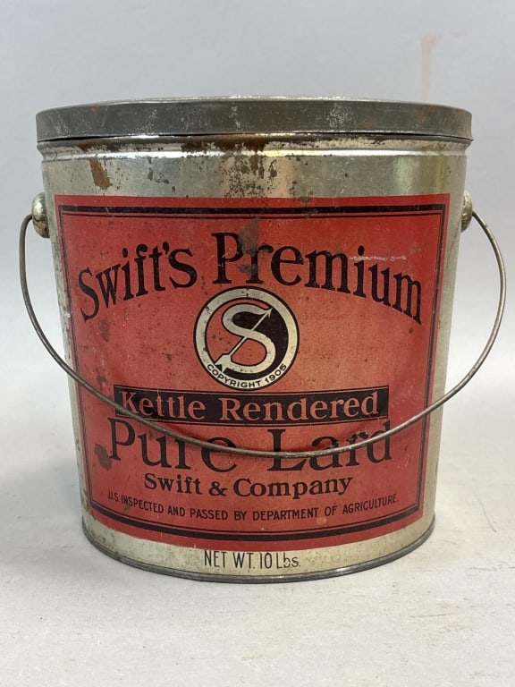 Swift's Premium 10lb Pure Lard Tin Bucket: Please make sure you view all photos and ask any questions you may have! Great original collectible item. This is day 1 of our 2 day one owner auction event. Thanks and have a great day! Holler & Hamm