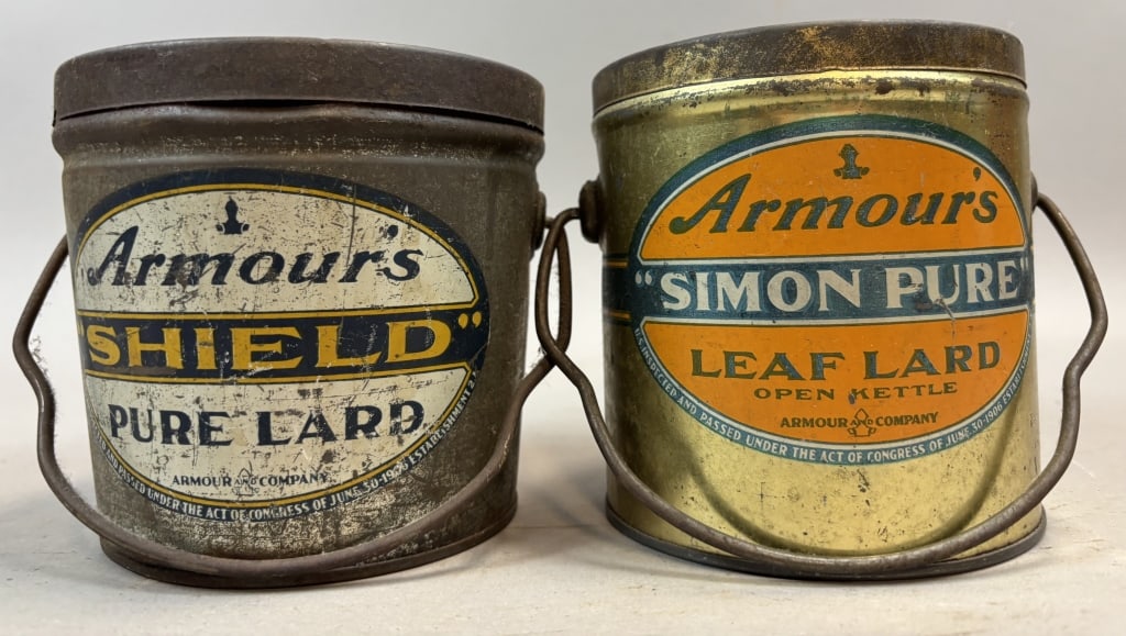 Pair Armour's Pure & Leaf Lard Tin Buckets: Please make sure you view all photos and ask any questions you may have! Great original collectible item. This is day 1 of our 2 day one owner auction event. Thanks and have a great day! Holler &